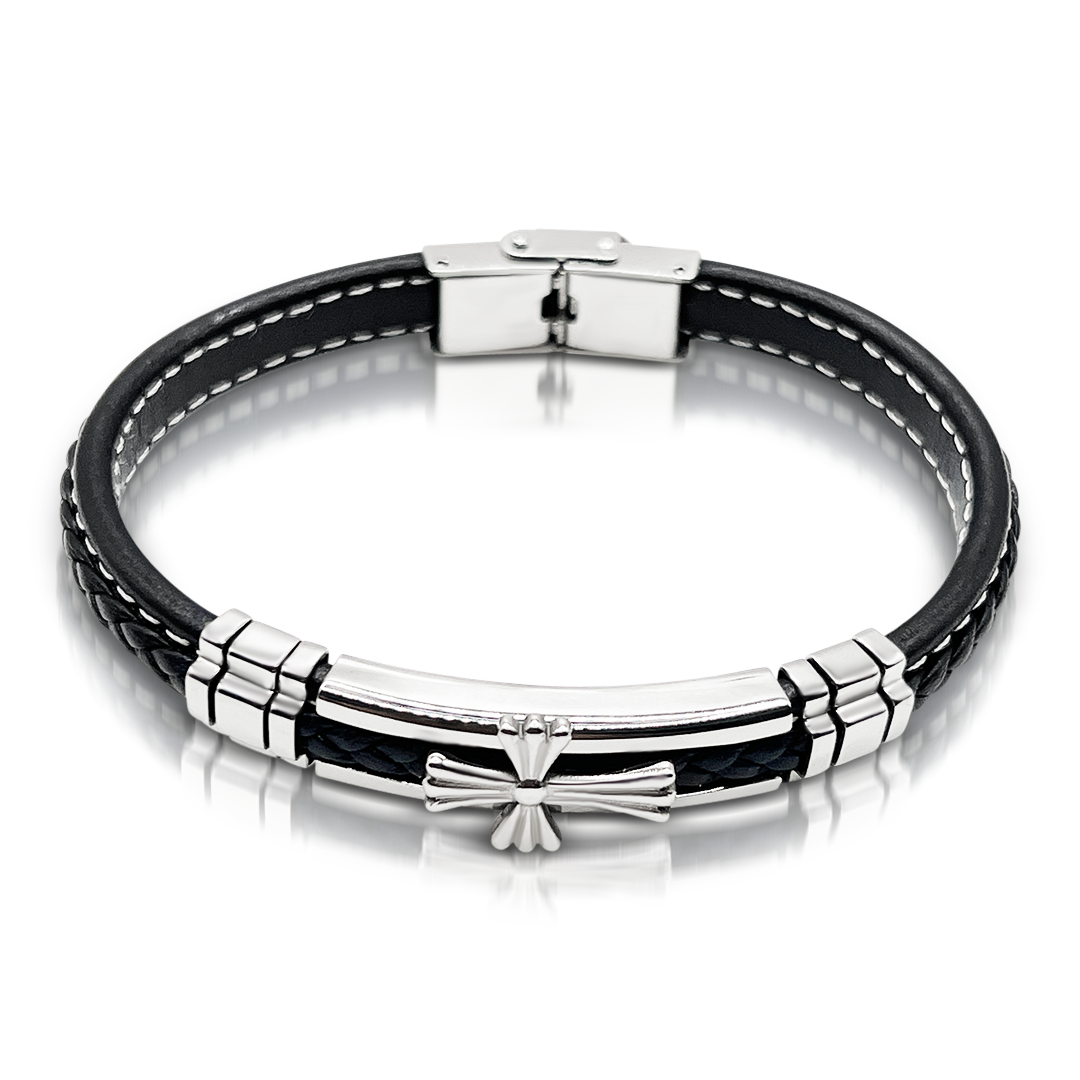 To My Son - Never Forget How Much I love You - Premium Stainless Steel Celtic Cross Black Italian Leather Bracelet