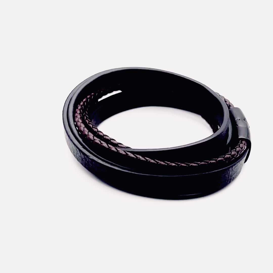 Premium Stainless Steel Italian Leather Braided Two-Tone Layer Bracelet for Men