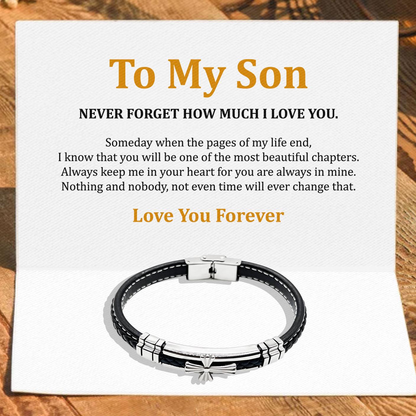To My Son - Never Forget How Much I love You - Premium Stainless Steel Celtic Cross Black Italian Leather Bracelet - TRYNDI