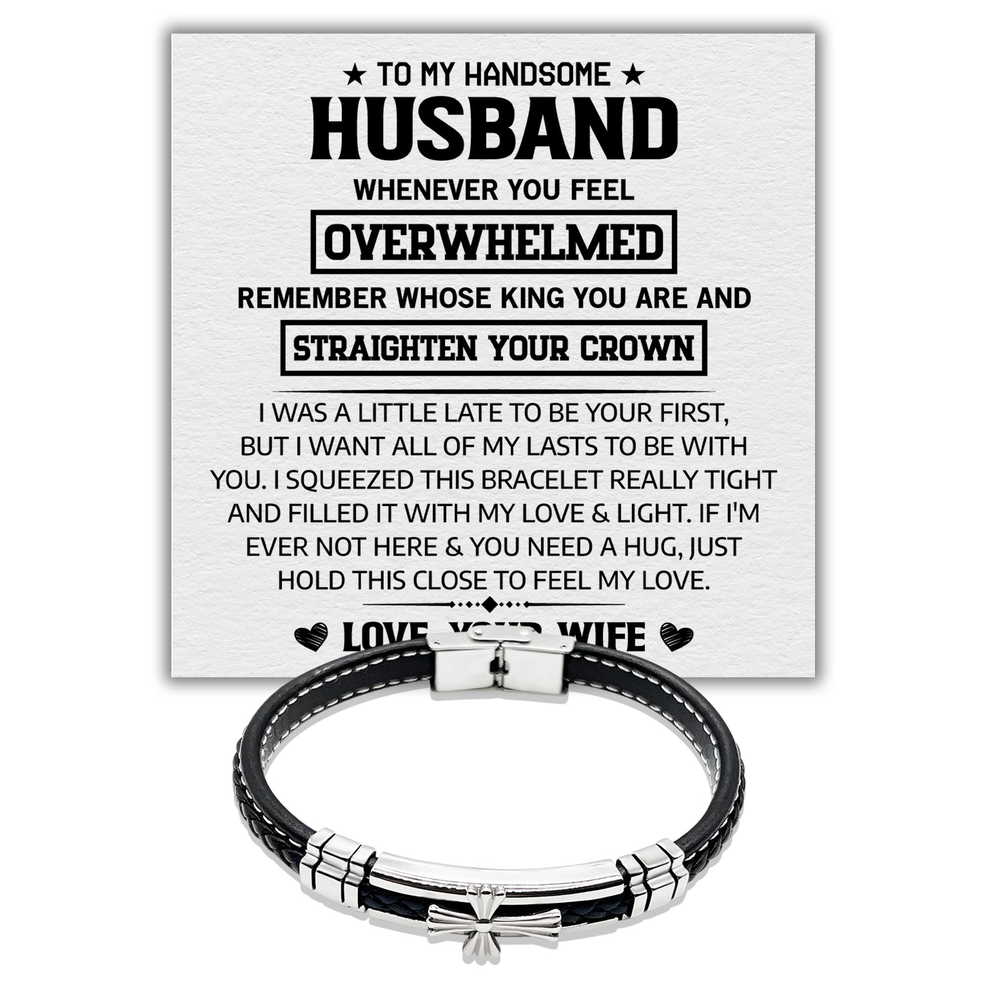 To my Husband Love, Your Wife - Premium Stainless Steel Celtic Cross Black Italian Leather Bracelet