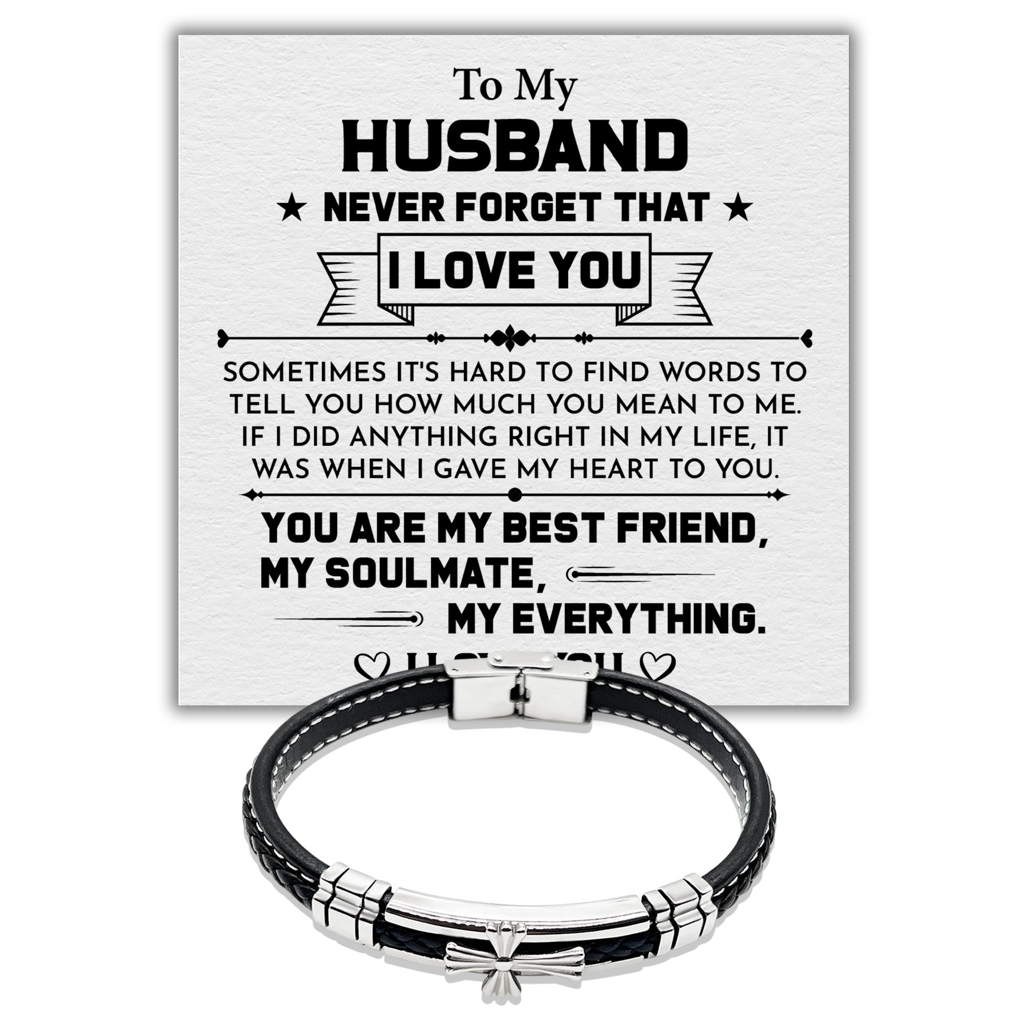 To my Husband Never forget That I Love You - Premium Stainless Steel Celtic Cross Black Italian Leather Bracelet