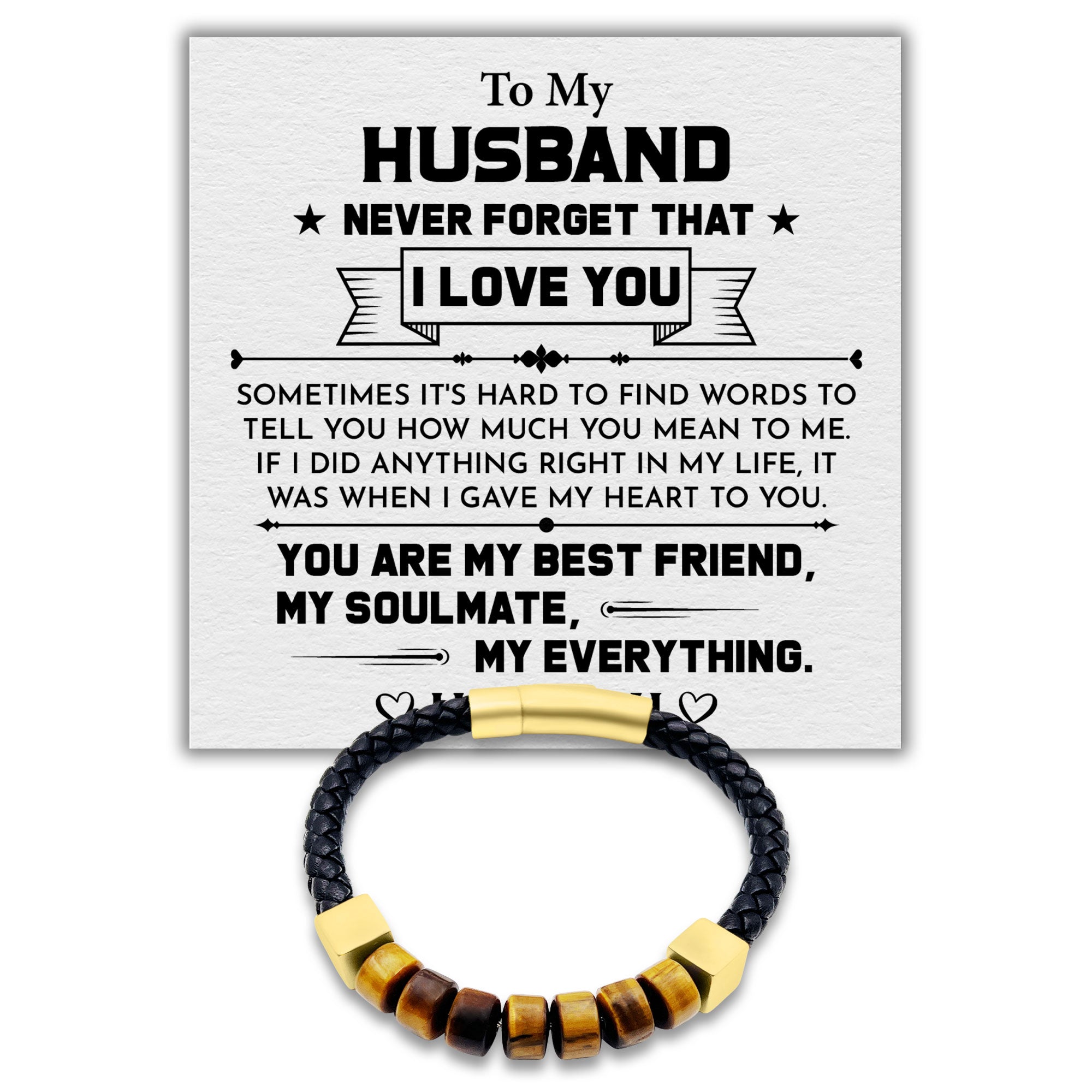 To my Husband You Are My Best friend - Premium Tiger’s Eye Woven Black Italian Leather & Gold Stainless Steel Cubed Bracelet for Men