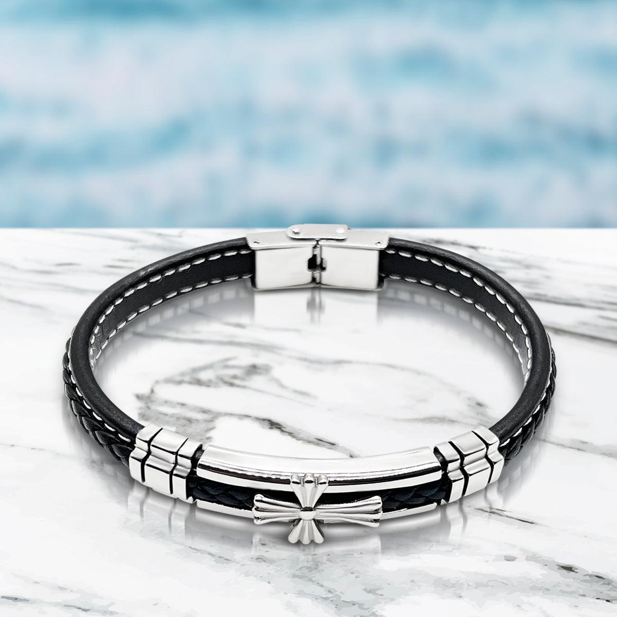To My Husband Pray through it - Premium Stainless Steel Celtic Cross Black Italian Leather Bracelet - TRYNDI