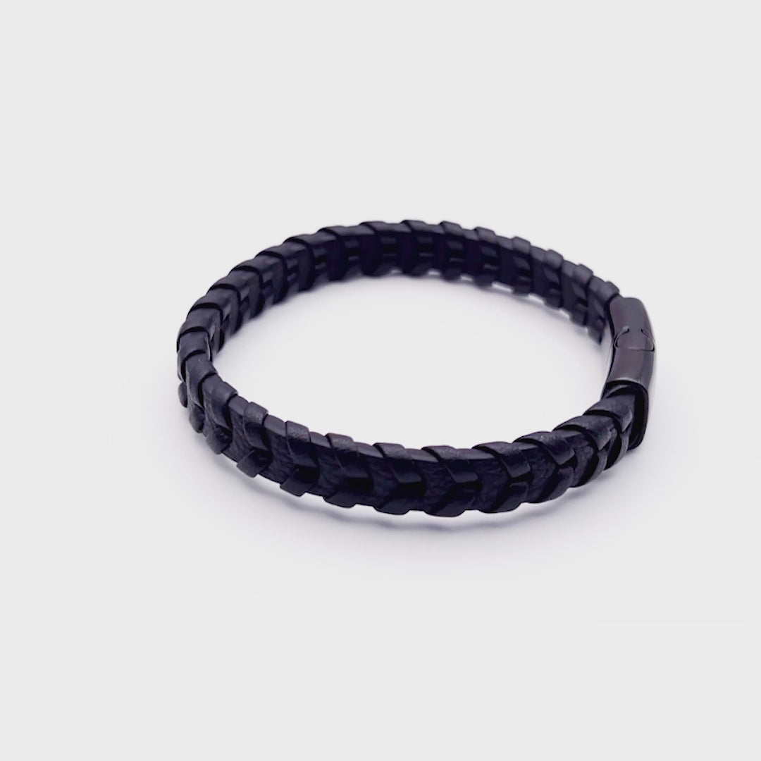 Premium Black Stainless Steel Flat Woven Black Italian Leather Bracelet for Men