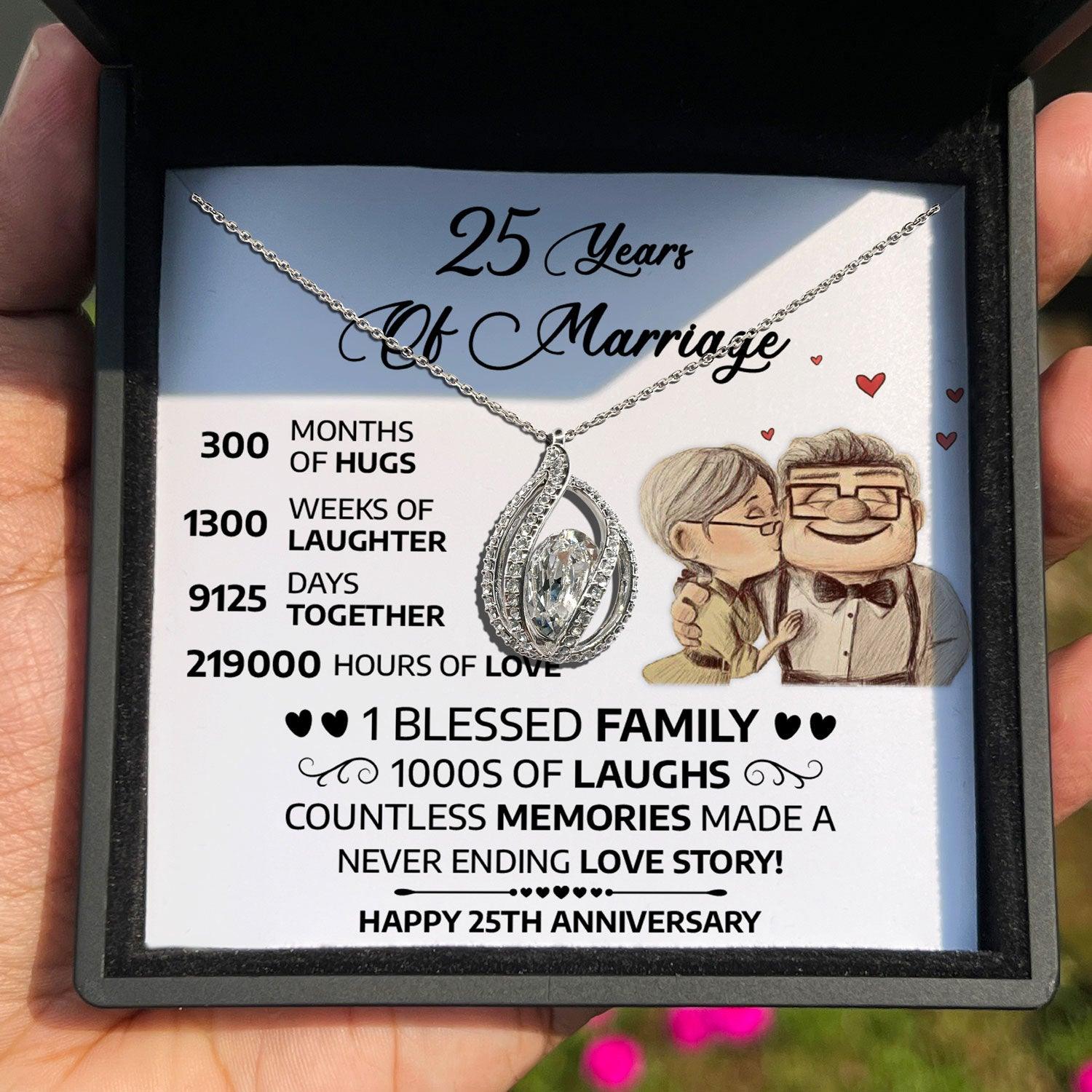 Anniversary Gifts for Her - 300 Months Of Hugs,1300 Weeks Of Laughter, Happy 25th Anniversary - Orbital Birdcage Necklace - TRYNDI