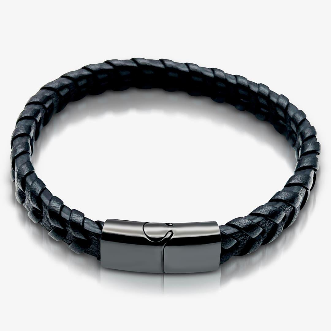 Premium Black Stainless Steel Flat Woven Black Italian Leather Bracelet for Men - TRYNDI