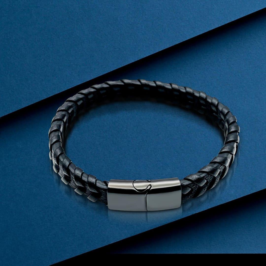Premium Black Stainless Steel Flat Woven Black Italian Leather Bracelet for Men - TRYNDI