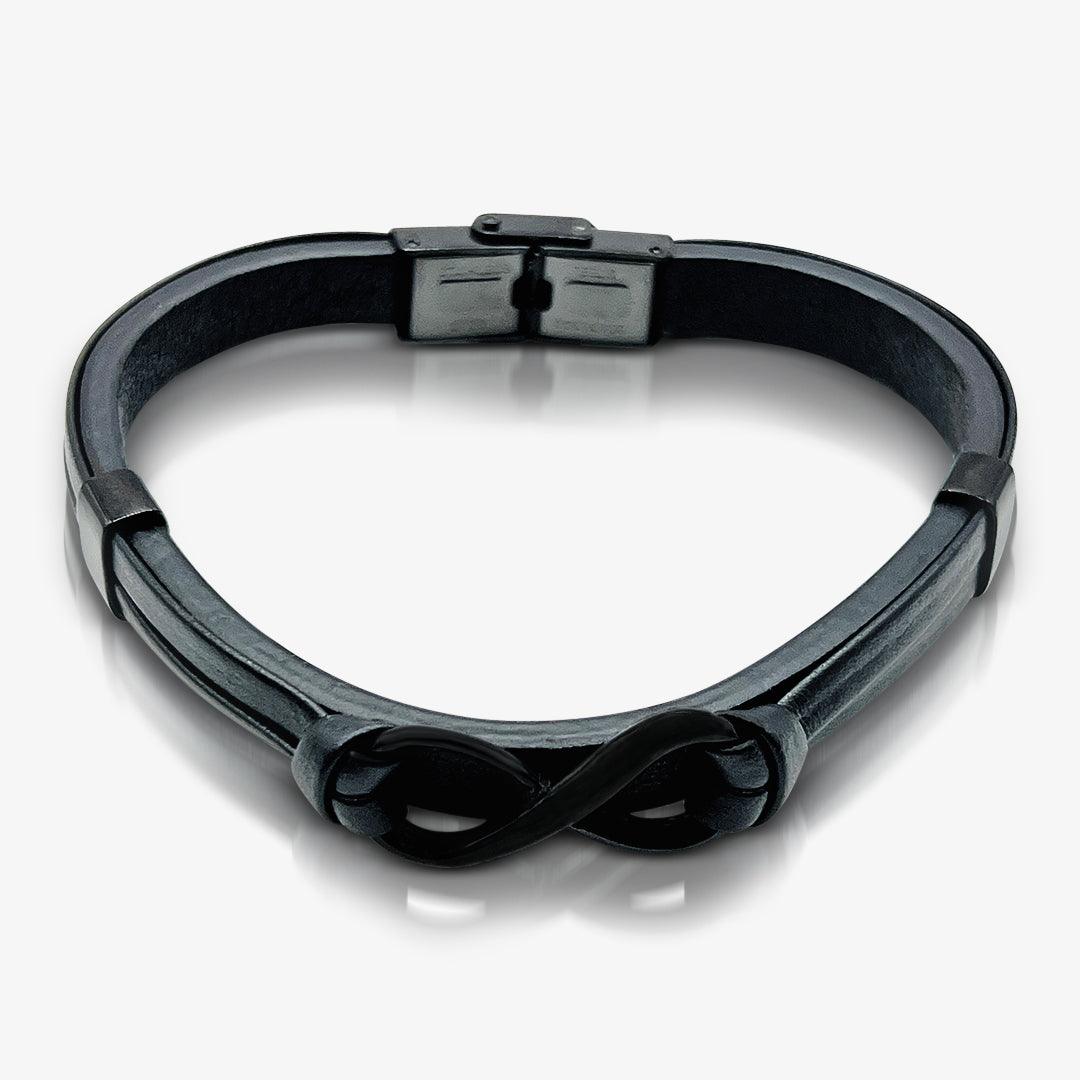 Premium Jet Black Italian Leather Stainless Steel Infinity Symbol Bracelet for Men - TRYNDI