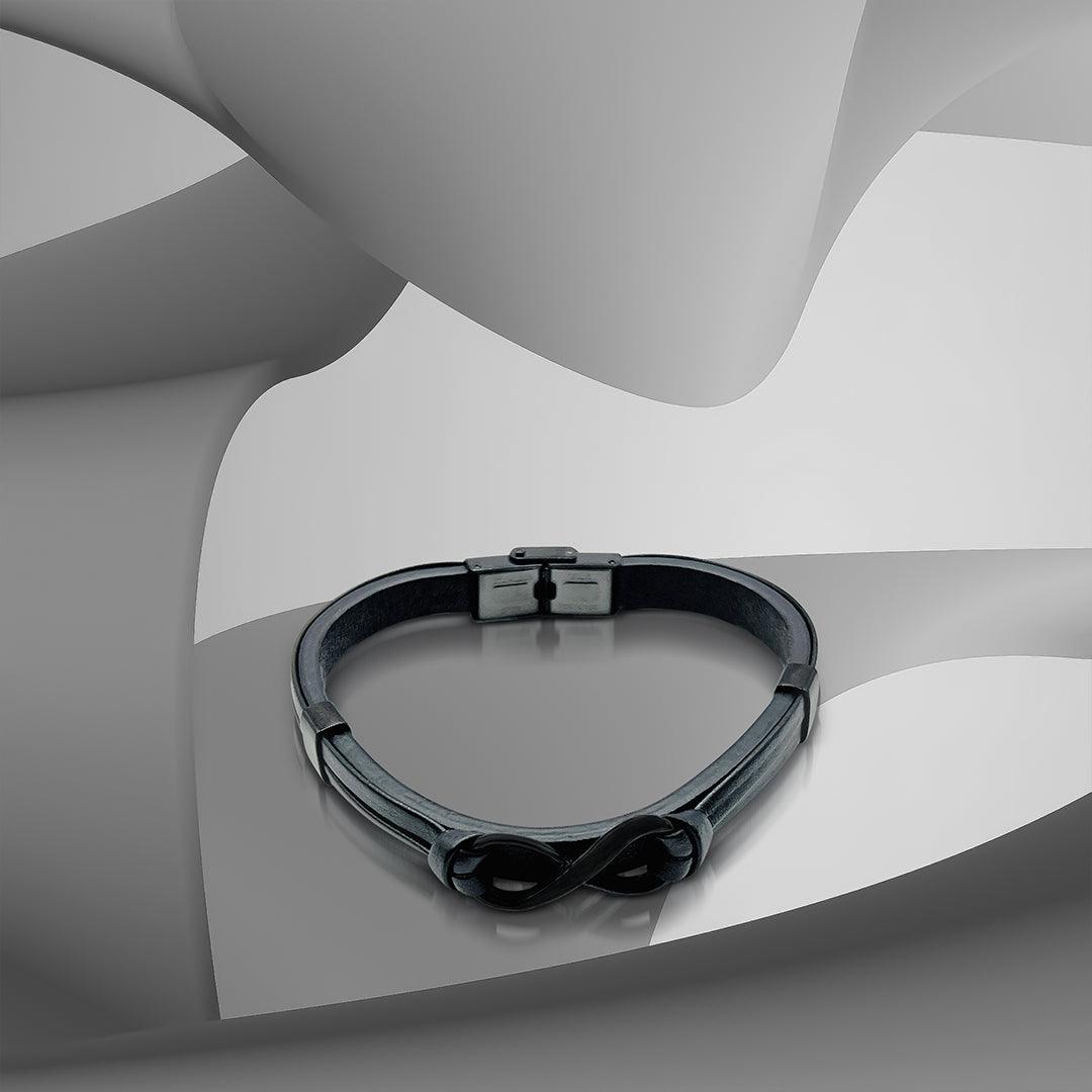 Premium Jet Black Italian Leather Stainless Steel Infinity Symbol Bracelet for Men - TRYNDI