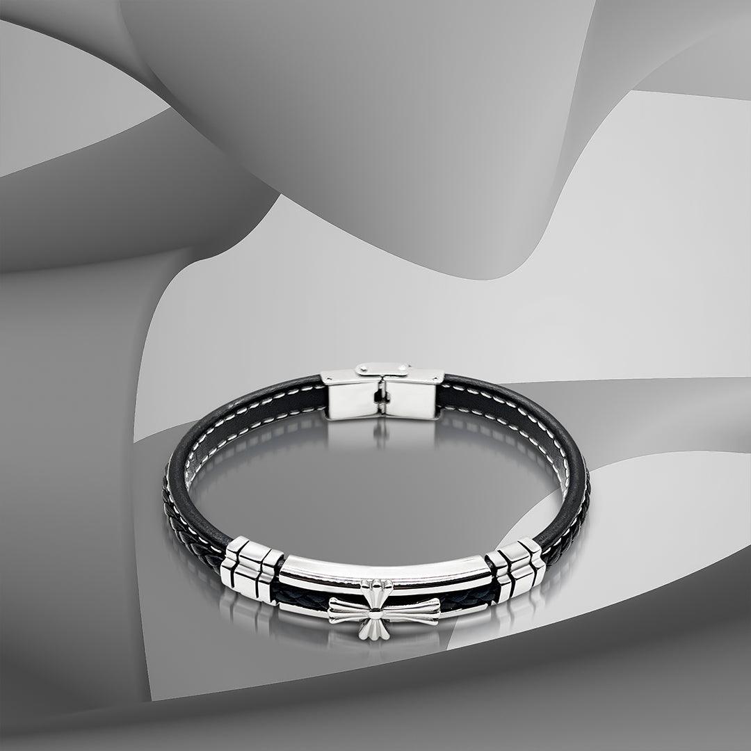 Premium Stainless Steel Celtic Cross Black Italian Leather & White Stitch Bracelet for Men - TRYNDI
