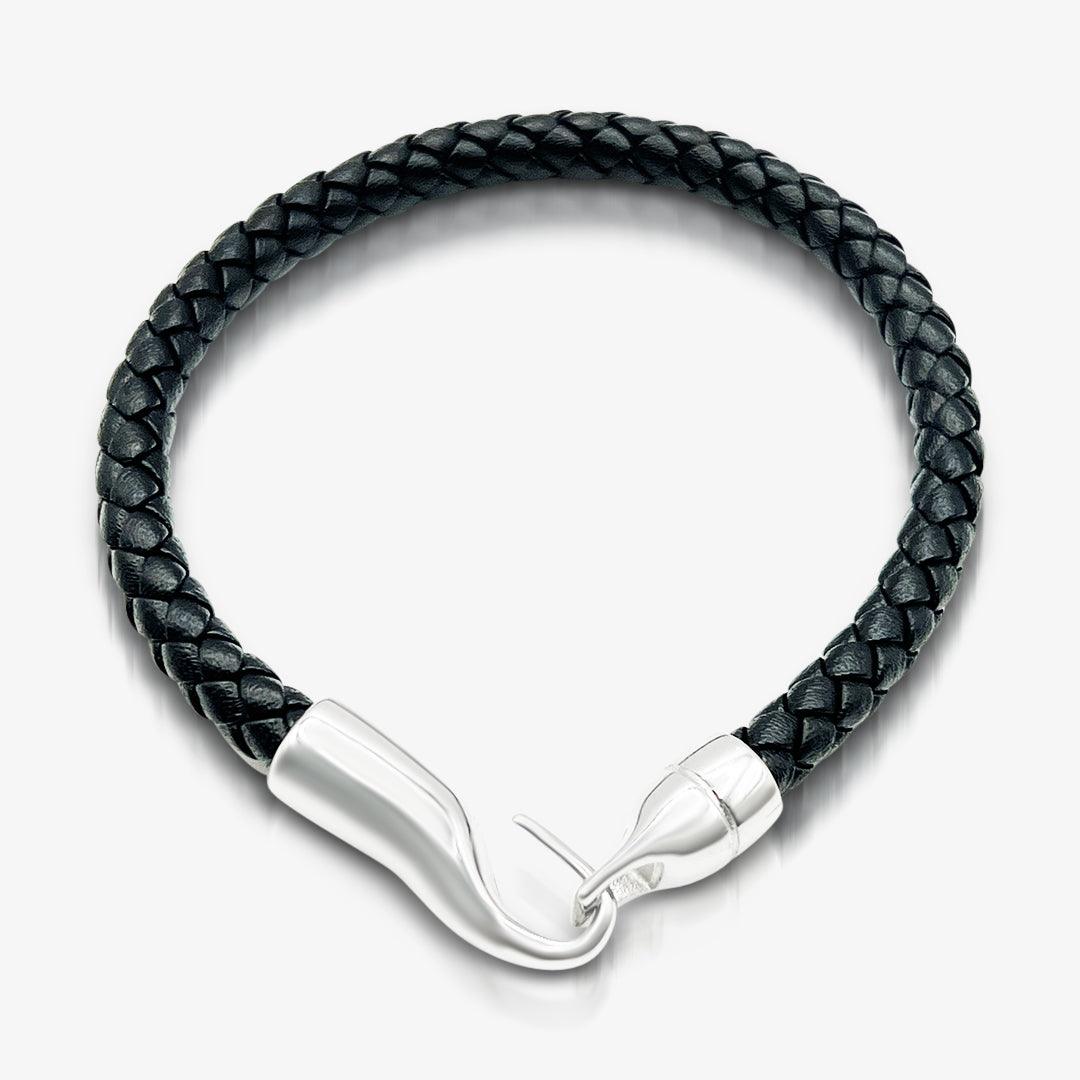 Premium Stainless Steel Hook Black Italian Leather Woven Bracelet for Men - TRYNDI