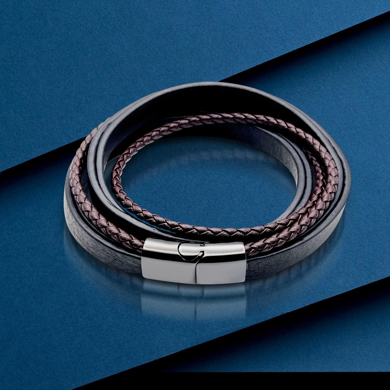 Premium Stainless Steel Italian Leather Braided Two-Tone Layer Bracelet for Men - TRYNDI