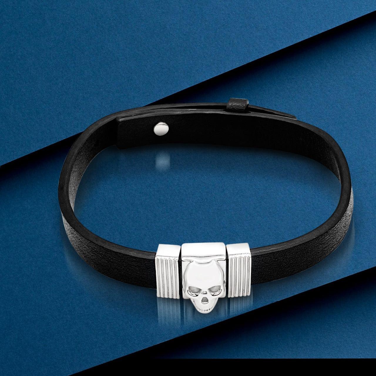 Premium Stainless Steel Skull Grooved Clasp Black Italian Leather Bracelet for Men - TRYNDI