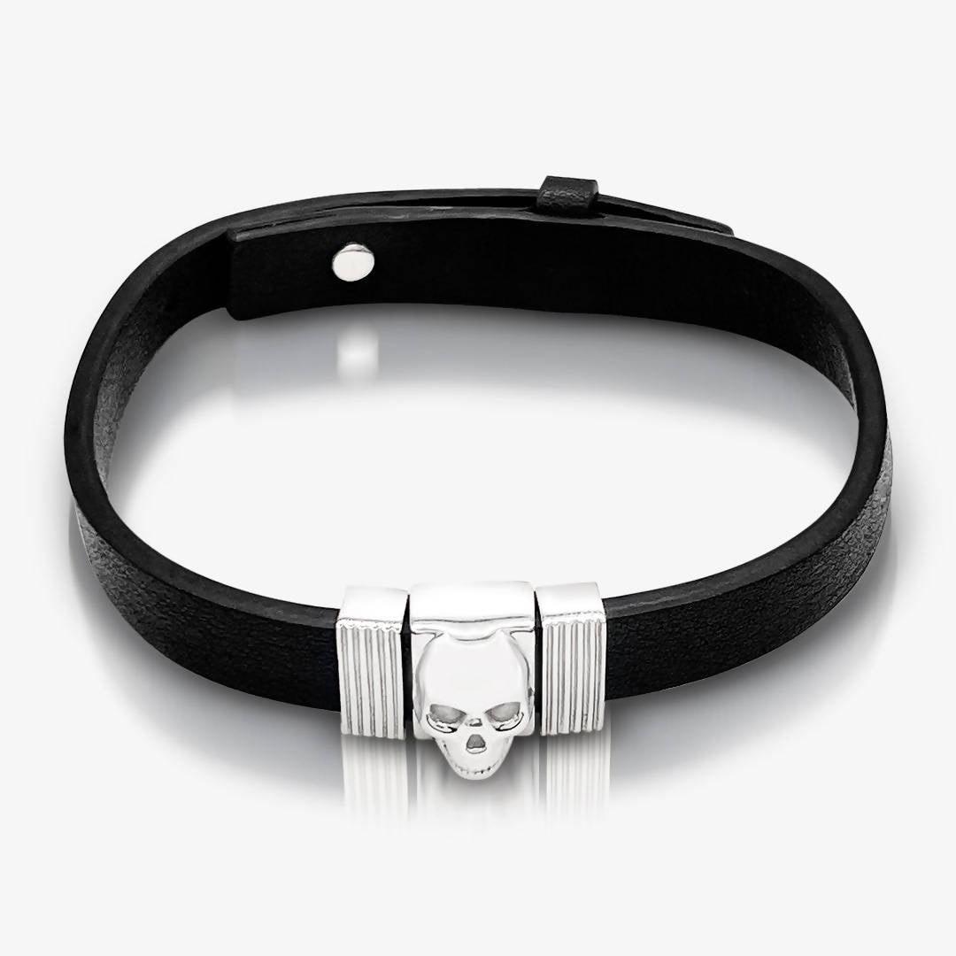 Premium Stainless Steel Skull Grooved Clasp Black Italian Leather Bracelet for Men - TRYNDI