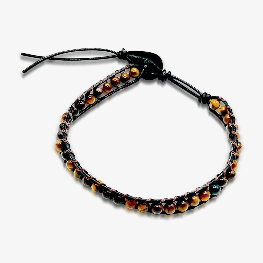 Premium Tiger’s Eye Bead Double Layer Black Italian Leather Adjustable Bracelet for Men - TRYNDI