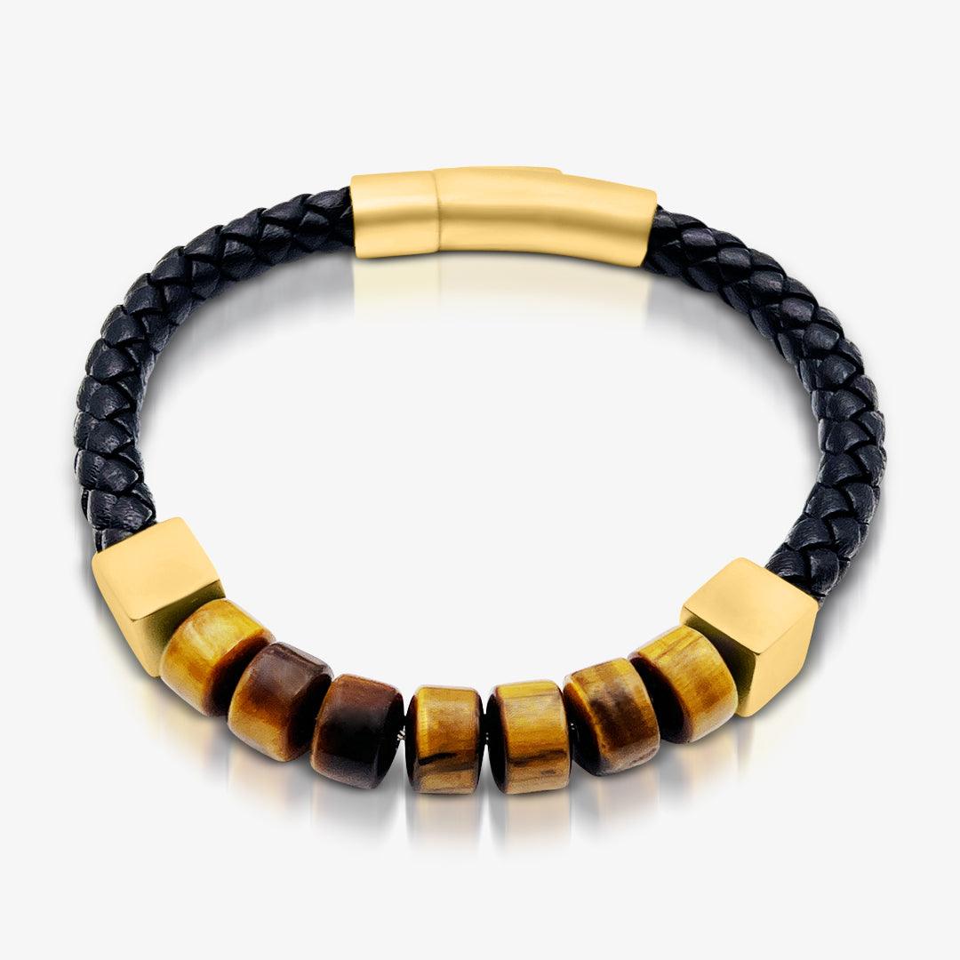 Premium Tiger’s Eye Woven Black Italian Leather & Gold Stainless Steel Cubed Bracelet for Men - TRYNDI