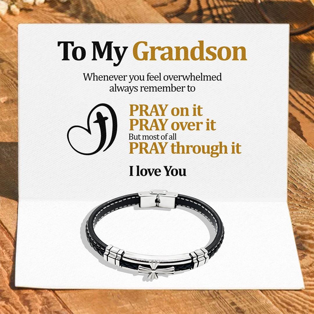 To My Grandson Pray through it - Premium Stainless Steel Celtic Cross Black Italian Leather Bracelet - TRYNDI