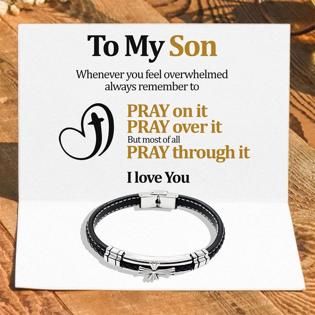 To My Son Pray through it - Premium Stainless Steel Celtic Cross Black Italian Leather Bracelet - TRYNDI