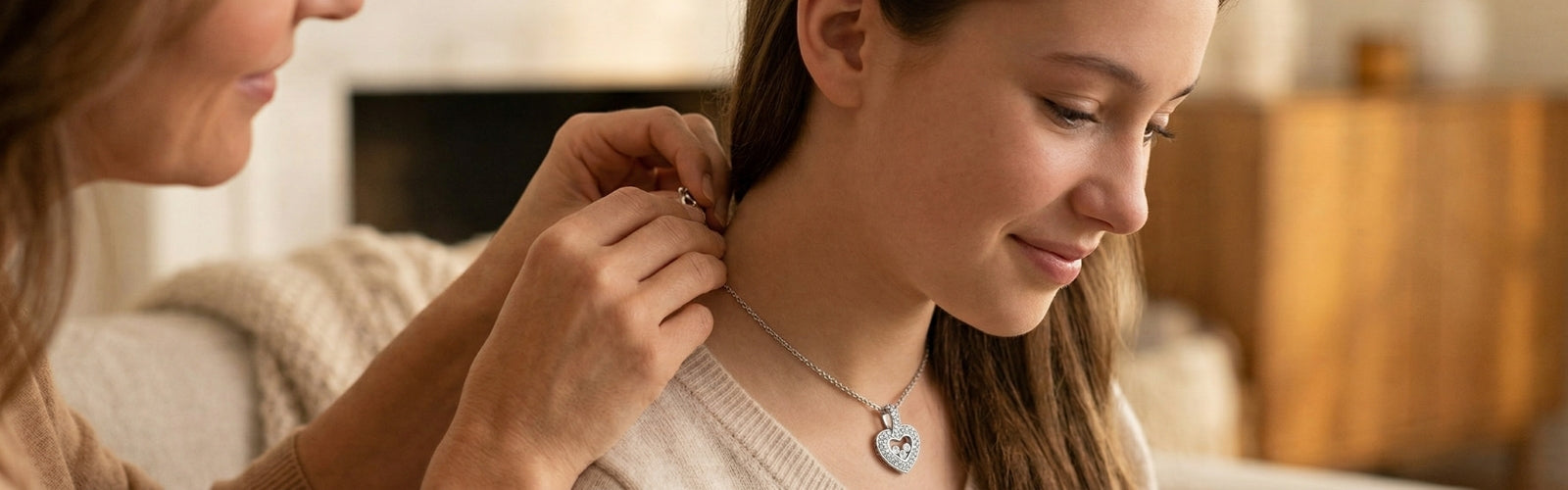 Close-up of daughter wearing delicate necklace, soft focus, emotional storytelling, premium jewelry