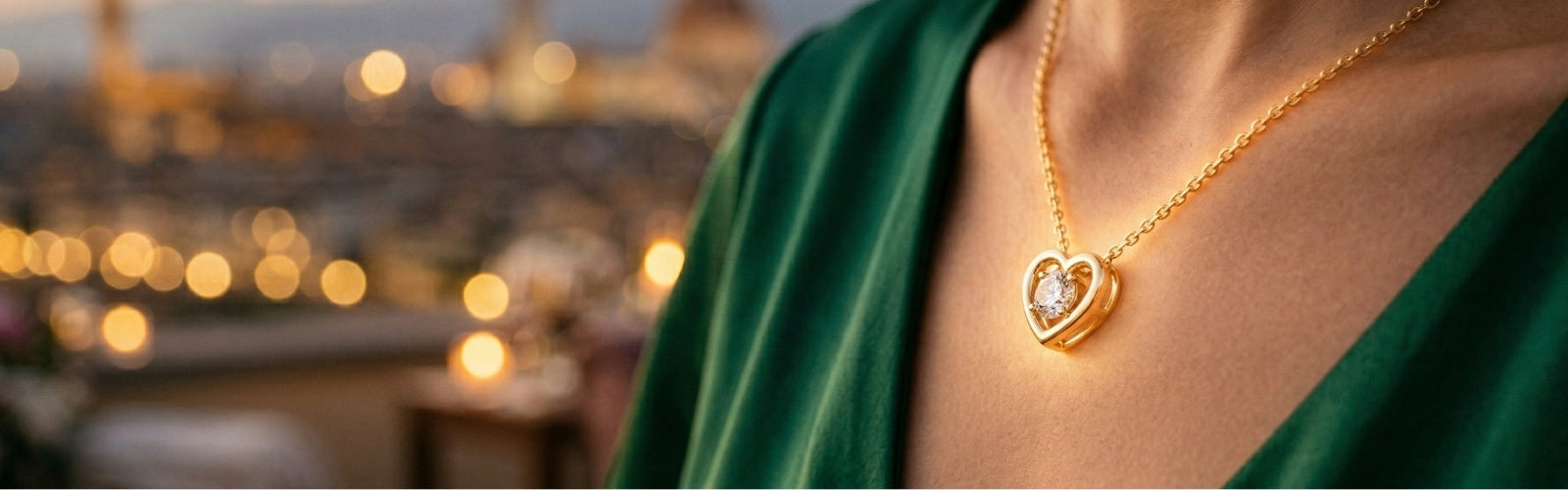 Close-up of heart-shaped necklace glowing softly, elegant background, premium jewelry