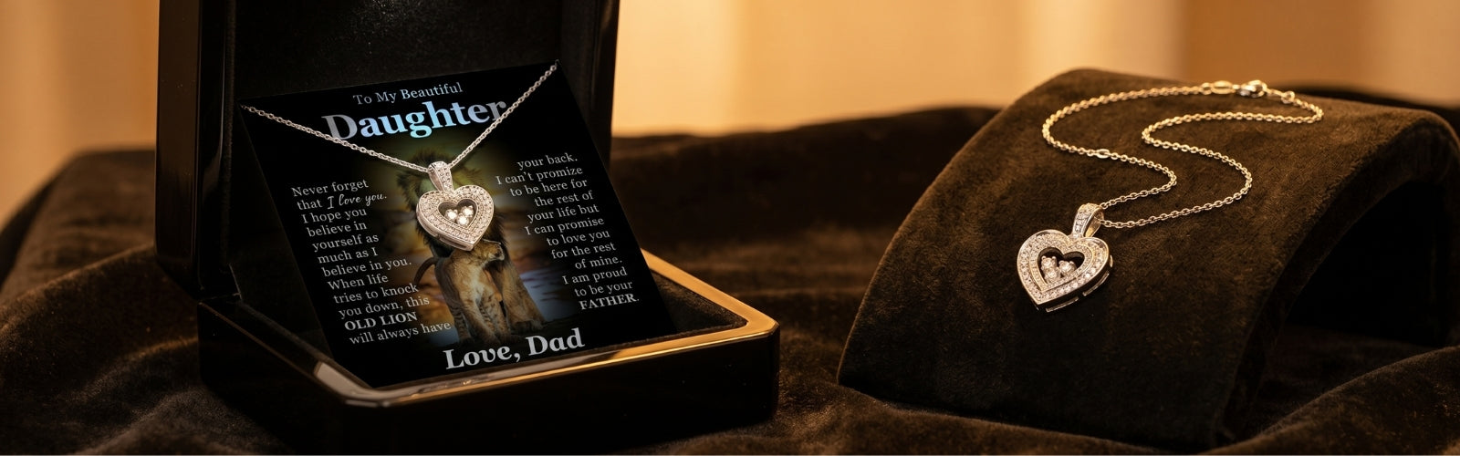 Elegant daughter necklace displayed on a luxury jewelry box, soft golden light, emotional premium jewelry