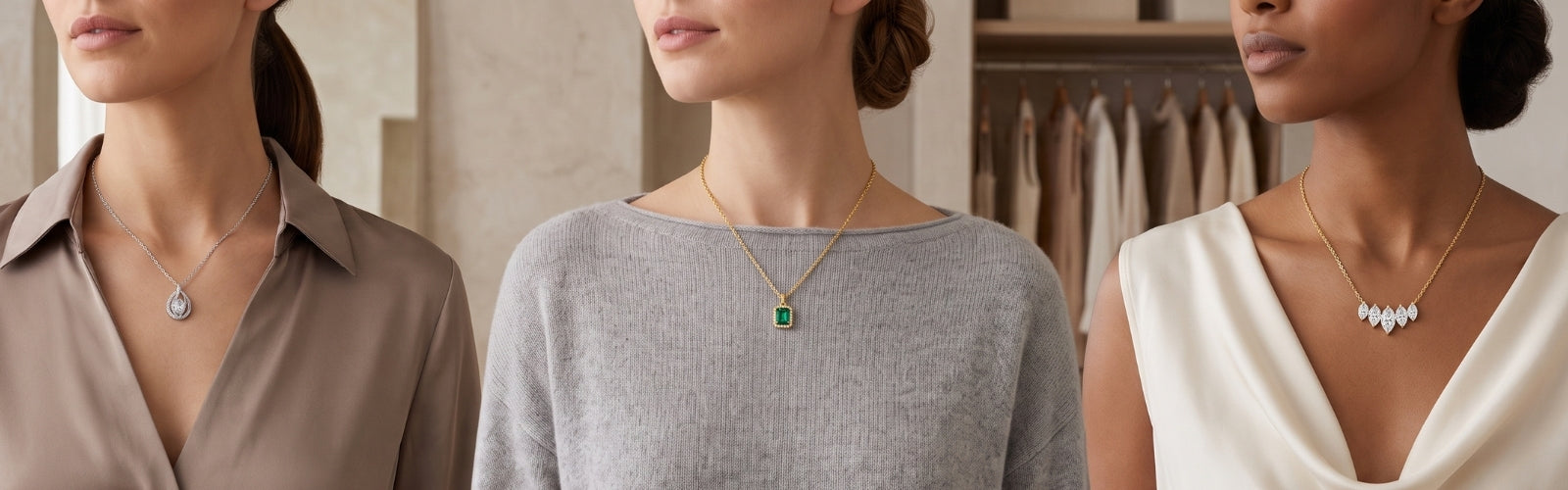 Elegant wardrobe styling scene featuring multiple women from chin to upper torso wearing different neckline styles with perfectly matched necklaces