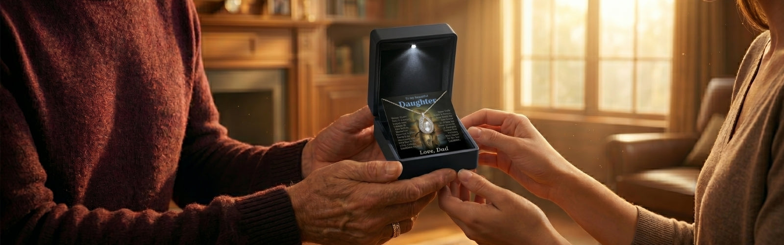 Father giving daughter a message card necklace box
