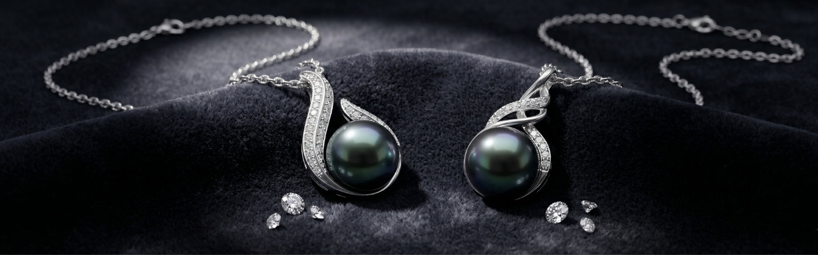 Luxury Tahitian black pearl necklace by TRYNDI JEWELRY on dark velvet background
