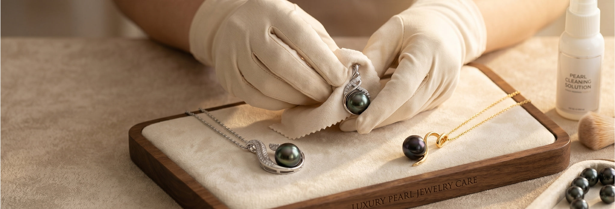 Luxury Tahitian black pearl necklace from TRYNDI JEWELRY cleaning scene with soft cloth