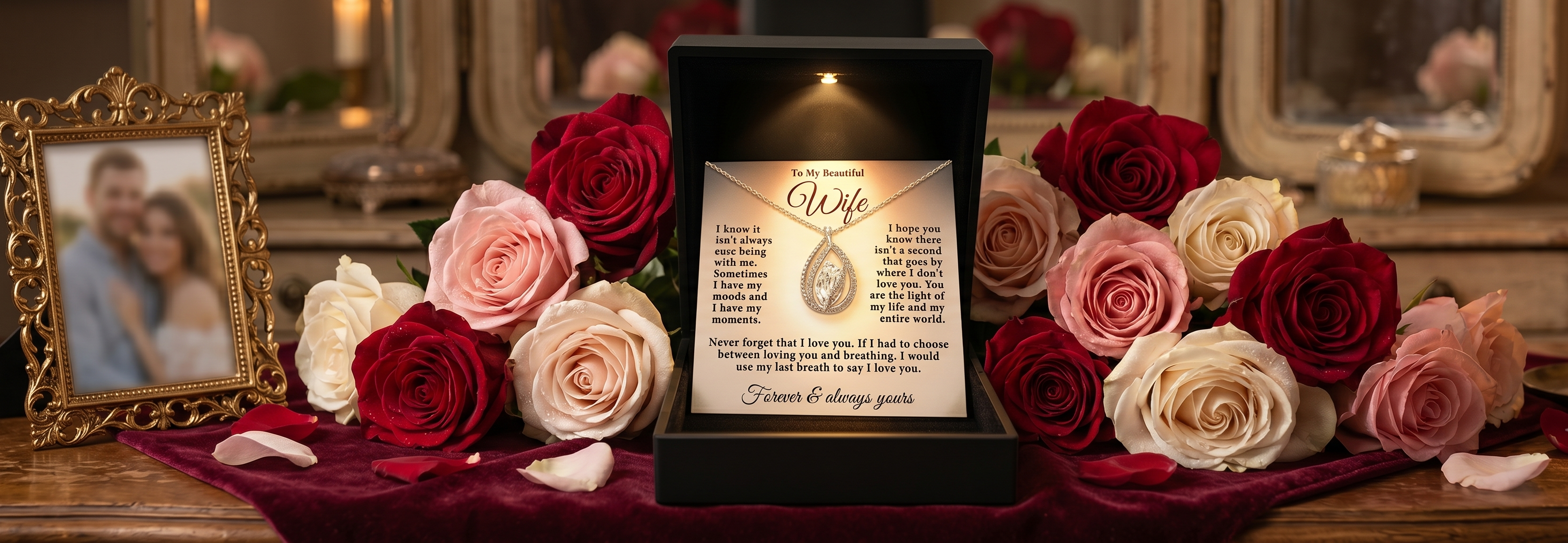 Luxury birthday jewelry gift for wife from TRYNDI JEWELRY displayed in an open jewelry box with roses, soft golden lighting