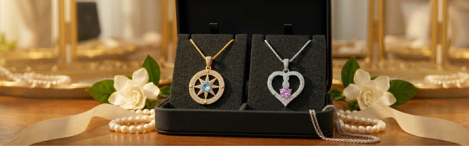 Luxury birthstone necklace for women from TRYNDI Jewelry displayed on soft jewelry box, warm golden lighting