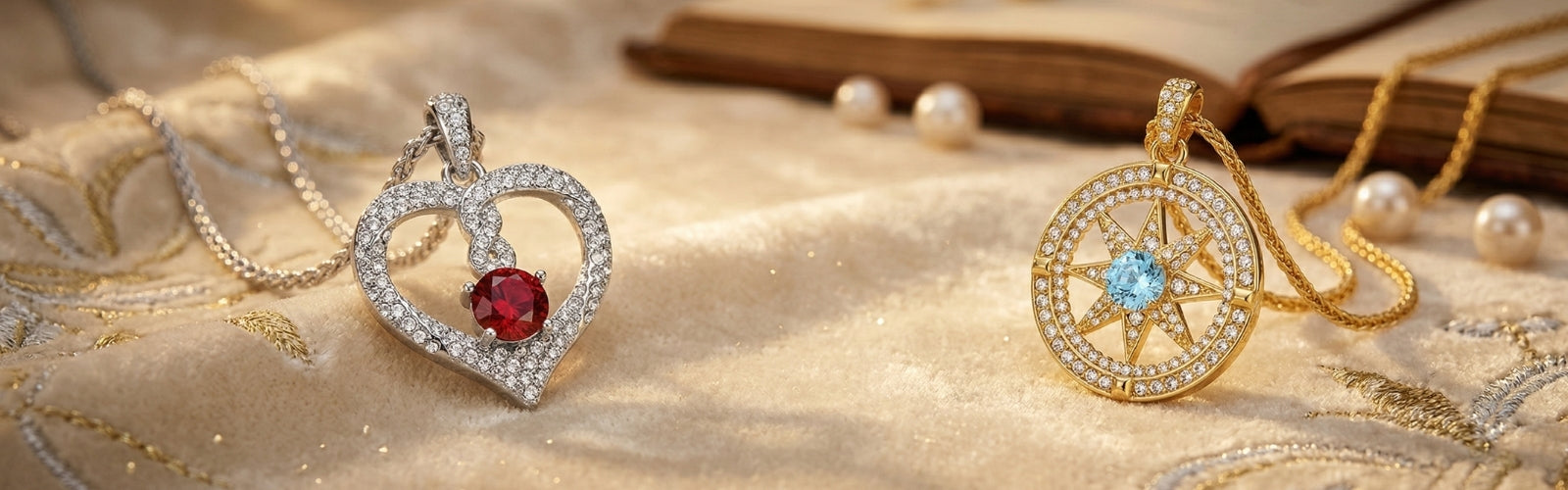 Luxury birthstone necklace glowing under soft golden light, elegant feminine background