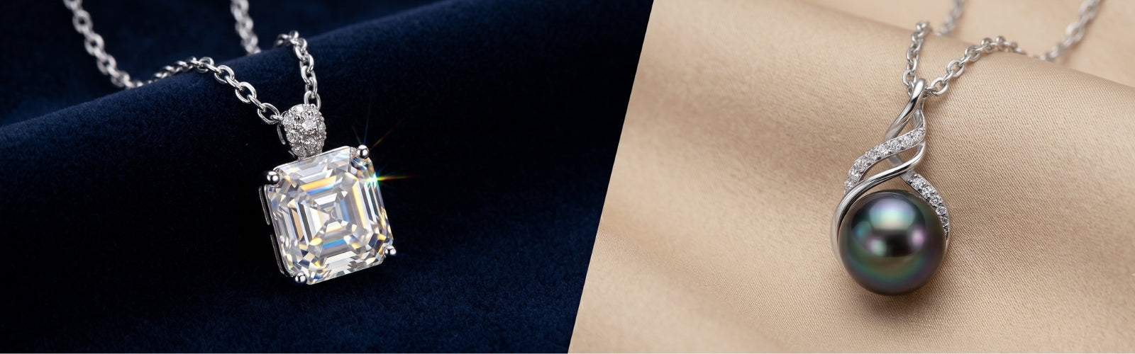 Luxury comparison banner featuring sparkling moissanite necklace beside Tahitian black pearl necklace