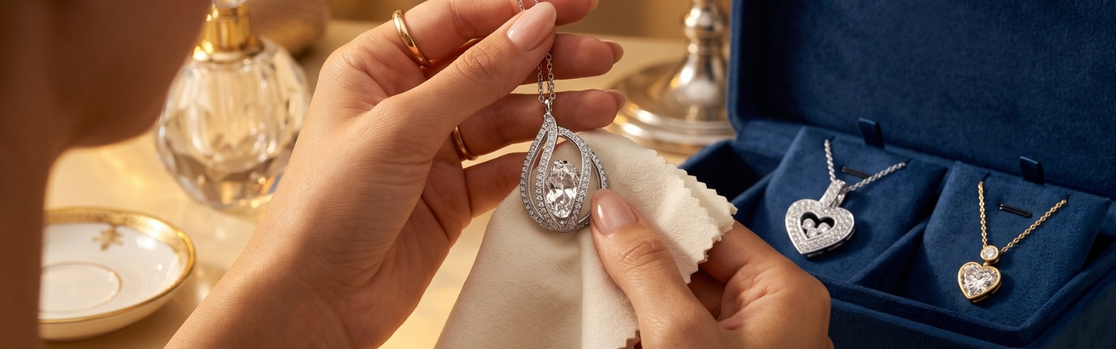 Luxury diamond jewelry care scene with diamond necklace, soft cleaning cloth, jewelry box, warm golden lighting, premium elegant background