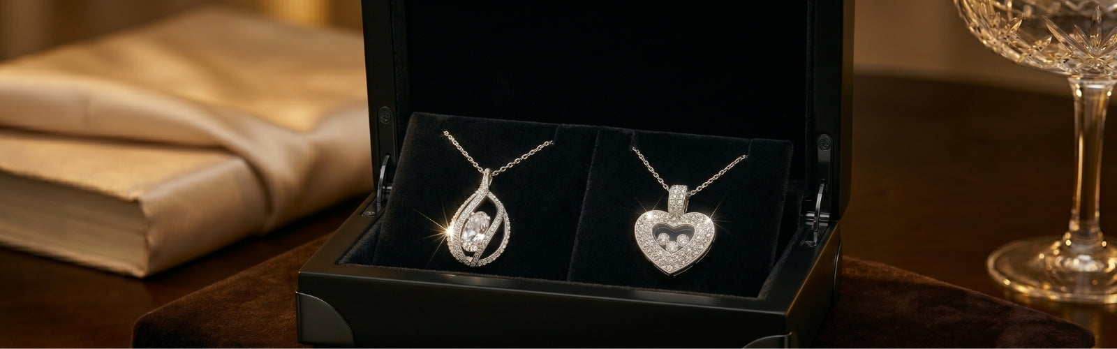 Luxury diamond necklace from TRYNDI JEWELRY displayed inside an elegant jewelry box, soft golden lighting, cinematic sparkle