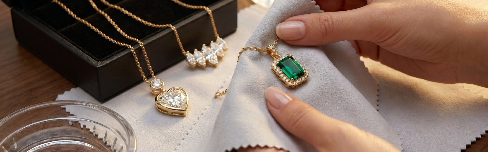 Luxury gold necklace care scene from TRYNDI JEWELRY with soft cloth, jewelry box, and warm golden lighting