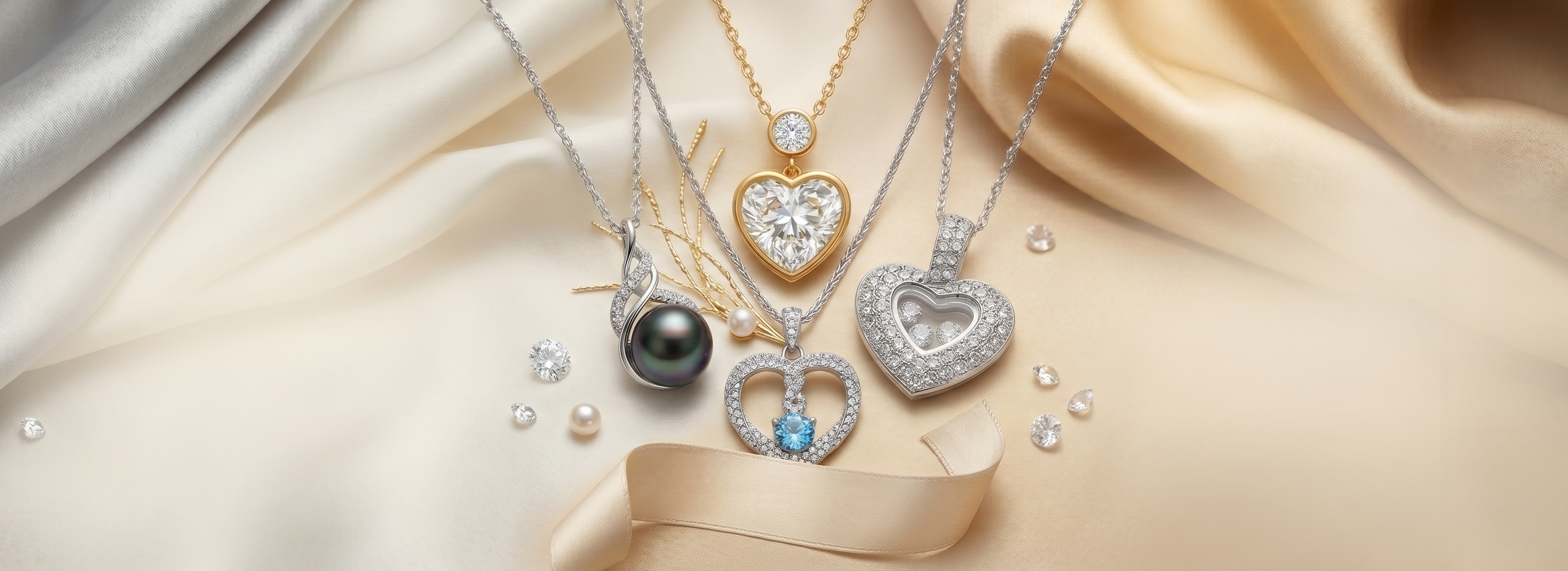 Luxury jewelry from TRYNDI JEWELRY featuring diamond necklace, pearl necklace, birthstone necklace, and gold necklace on soft beige silk, cinematic lighting, premium jewelry brand aesthetic