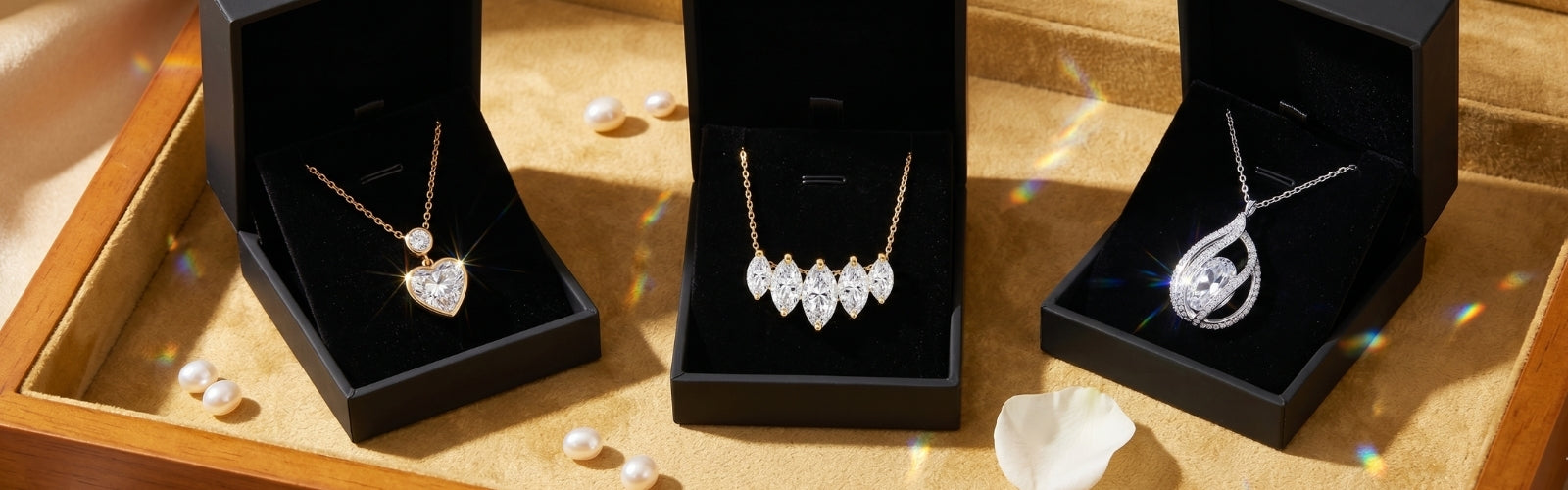 Luxury lab-grown diamond necklace displayed on a soft gold jewelry box