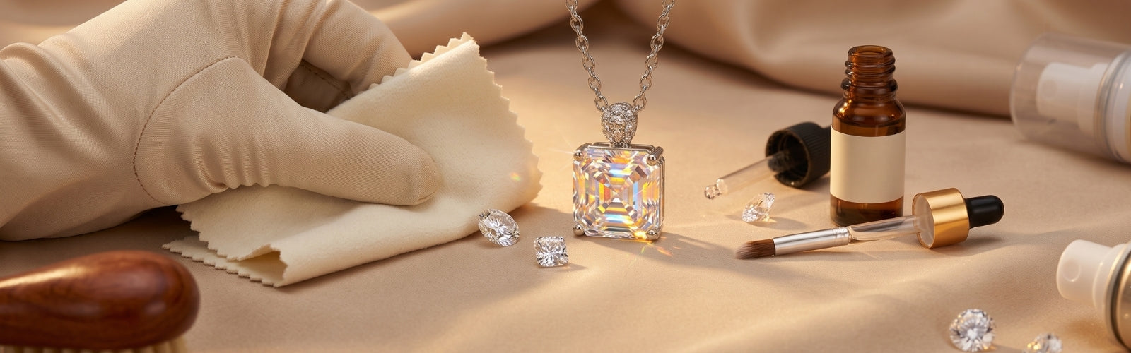 Luxury moissanite jewelry care scene with sparkling necklace, soft cleaning cloth, warm golden light, elegant beige background