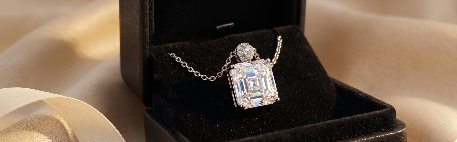 Luxury moissanite necklace from TRYNDI JEWELRY displayed in an open jewelry box