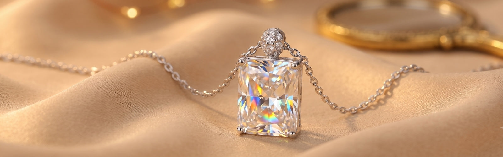 Luxury moissanite necklace on soft beige silk, bright rainbow sparkle, romantic golden lighting
