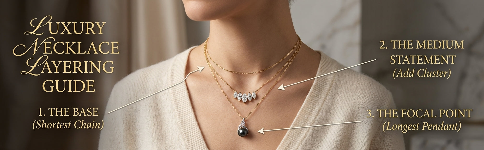 Luxury necklace layering guide showing an elegant woman from chin to chest wearing three perfectly spaced delicate necklaces at different lengths