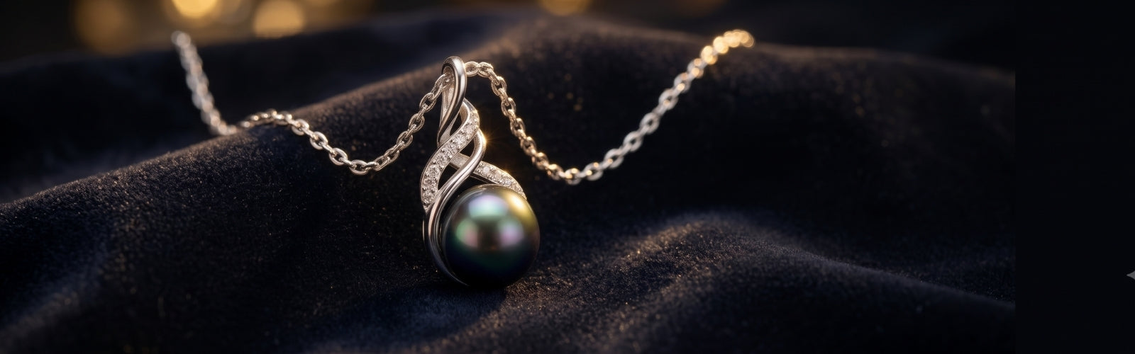 Luxury pearl jewelry banner featuring Tahitian black pearl necklace on dark velvet with soft golden light