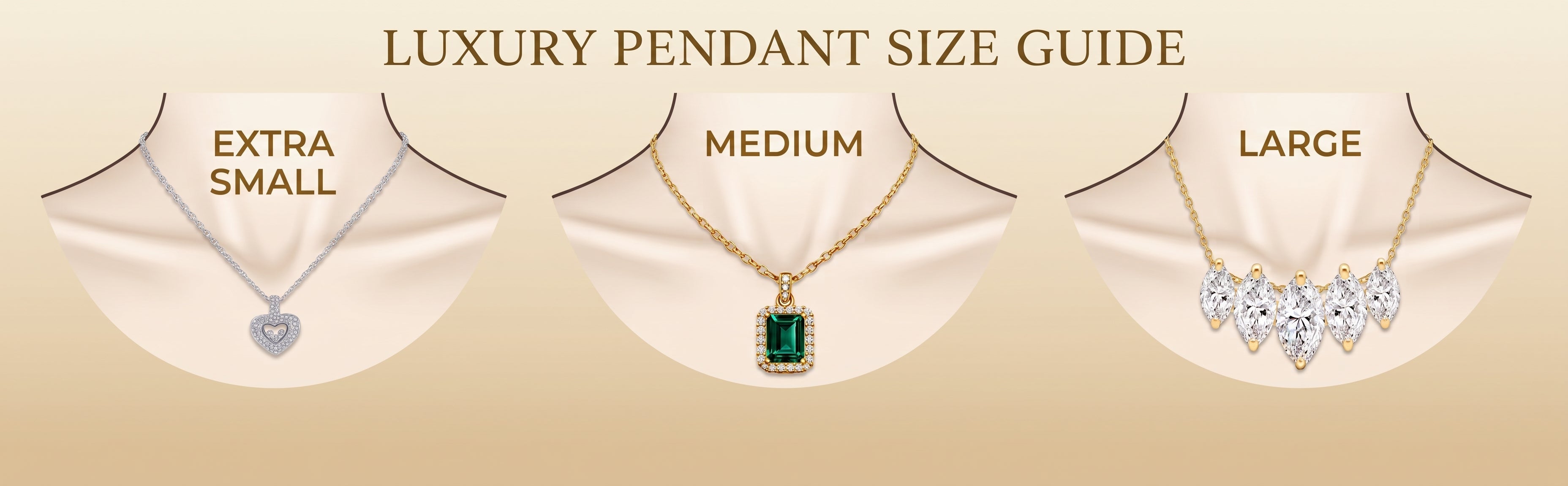 Luxury pendant size guide banner showing three elegant necklaces with small, medium, and large pendants positioned side by side on female neckline silhouettes