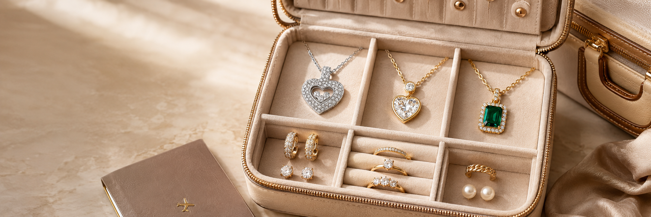 Luxury travel jewelry organizer containing neatly separated necklaces, rings, and earrings
