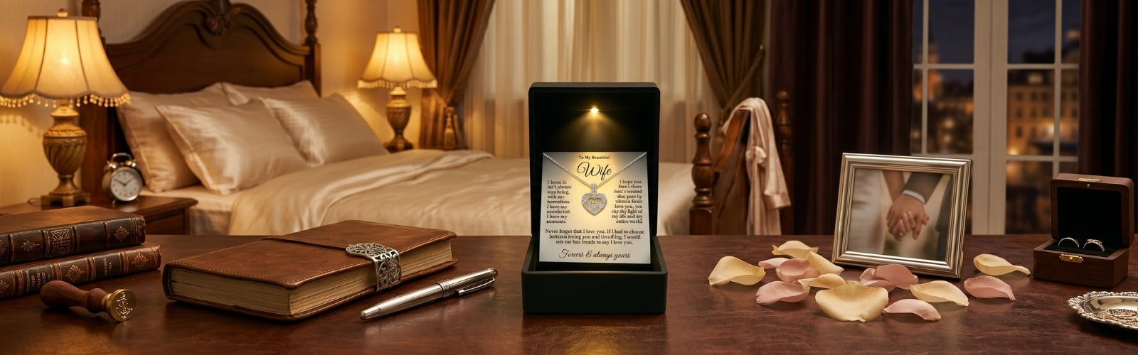 Message Card jewelry gift for wife from TRYNDI JEWELRY displayed in an elegant open box, soft golden lighting