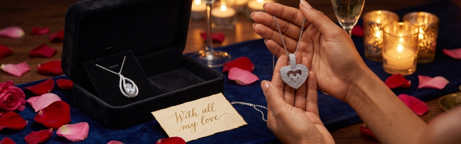 Romantic diamond necklace gift scene with open jewelry box, roses, warm candlelight, emotional premium jewelry atmosphere, cinematic style