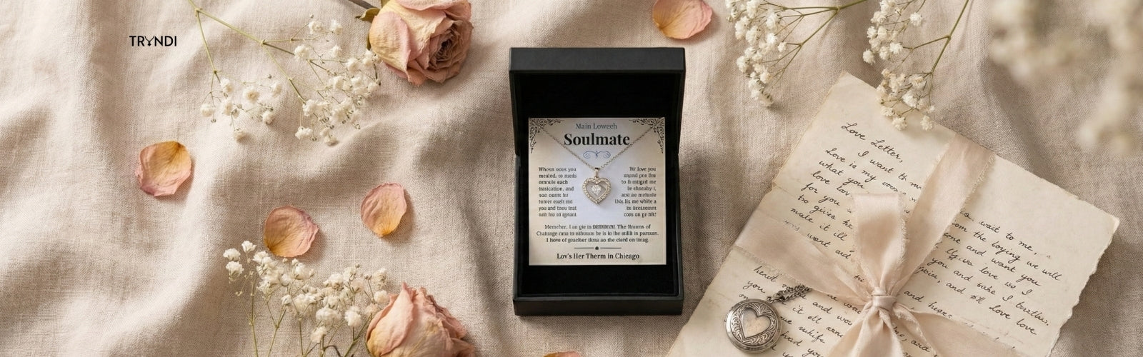 Romantic message card necklace flatlay, soft neutral background, emotional atmosphere