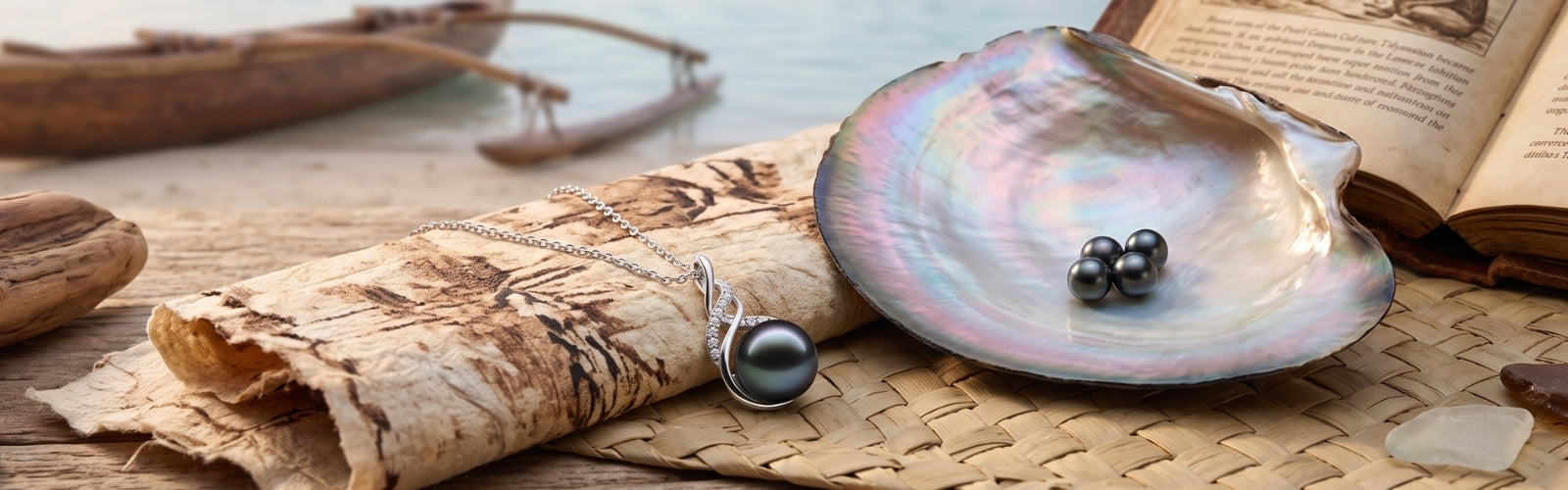 Tahitian black pearl Knot necklace from TRYNDI JEWELRY beside mother-of-pearl shell and soft ocean light, elegant cultural jewelry history aesthetic