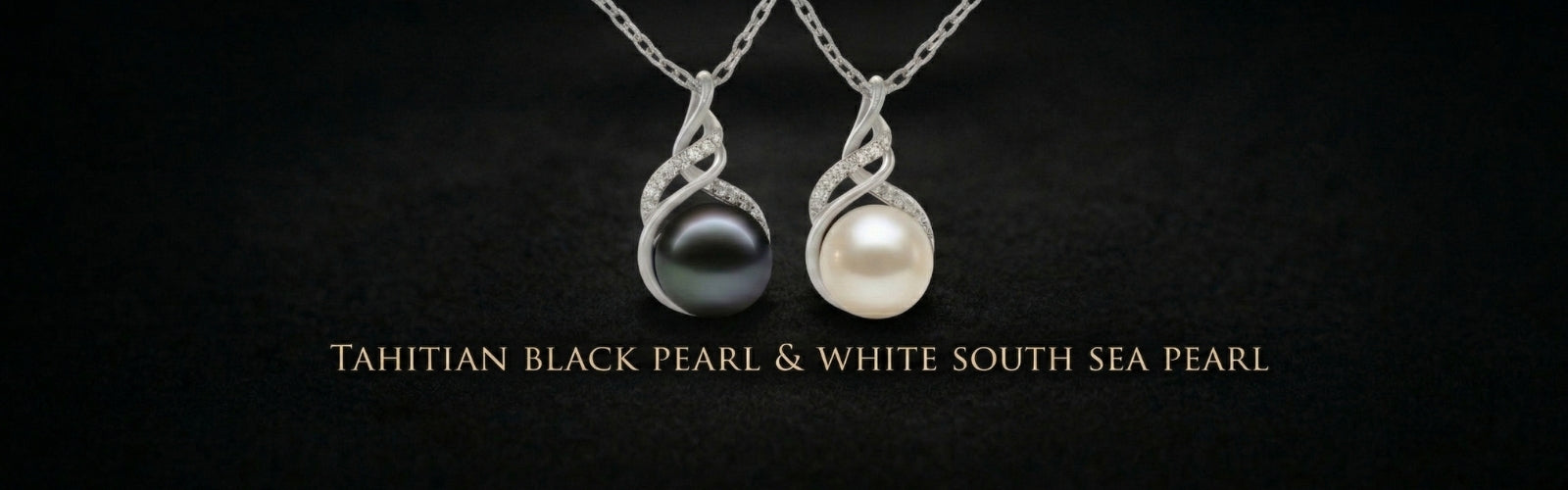 Tahitian black pearl vs white pearl necklace side by side, soft lighting contrast, premium jewelry